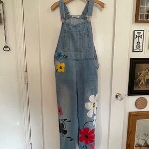 MISSLOOK Light Blue Denim Overalls with Multicolor Floral Appliqués